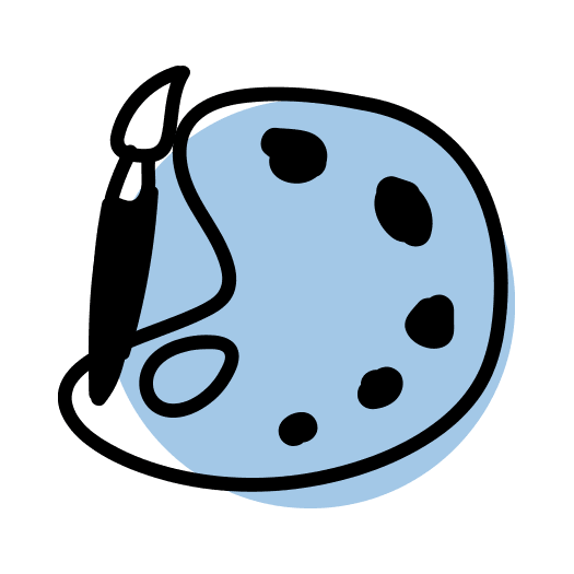 Illustrated icon of a blue paint palette with brush